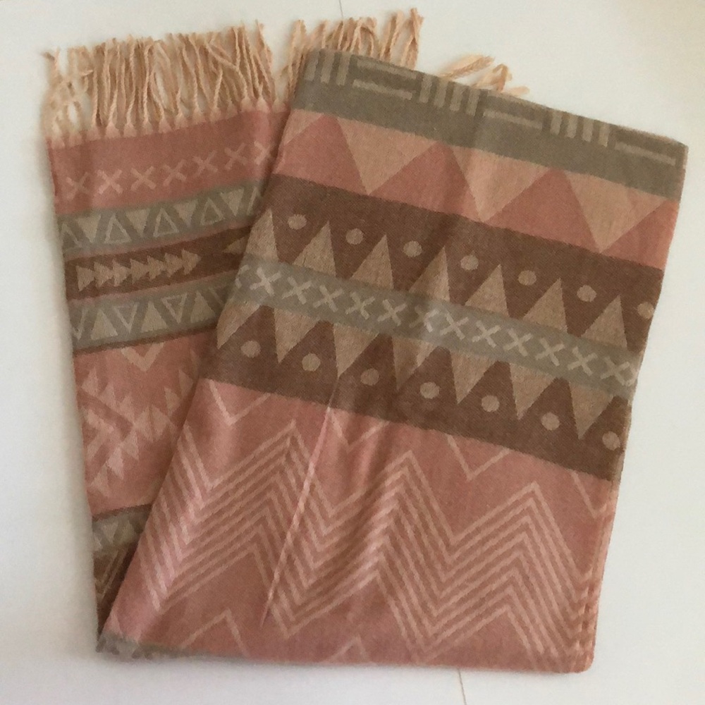 Anthropologie Pink, Brown & Cream Patterned Fringe Scarf